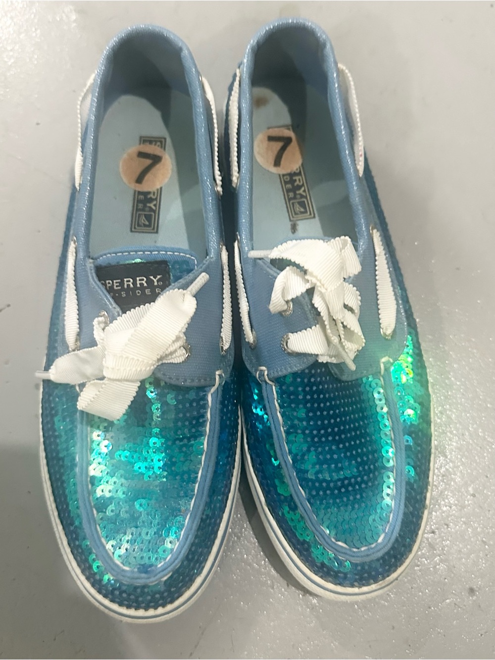 Sperry Women's Teal Sequin Slip-On shoes with White Ribbon Laces7